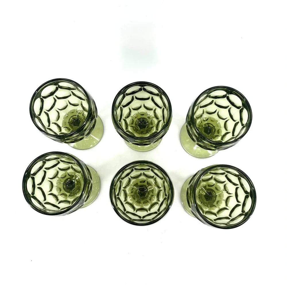 VTG Imperial Glass Avocado Green Thumbprint Goblets Set of 6 MCM Stemware
